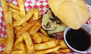 Beef Tenderloin Sandwich with French Fries and cup of au jus